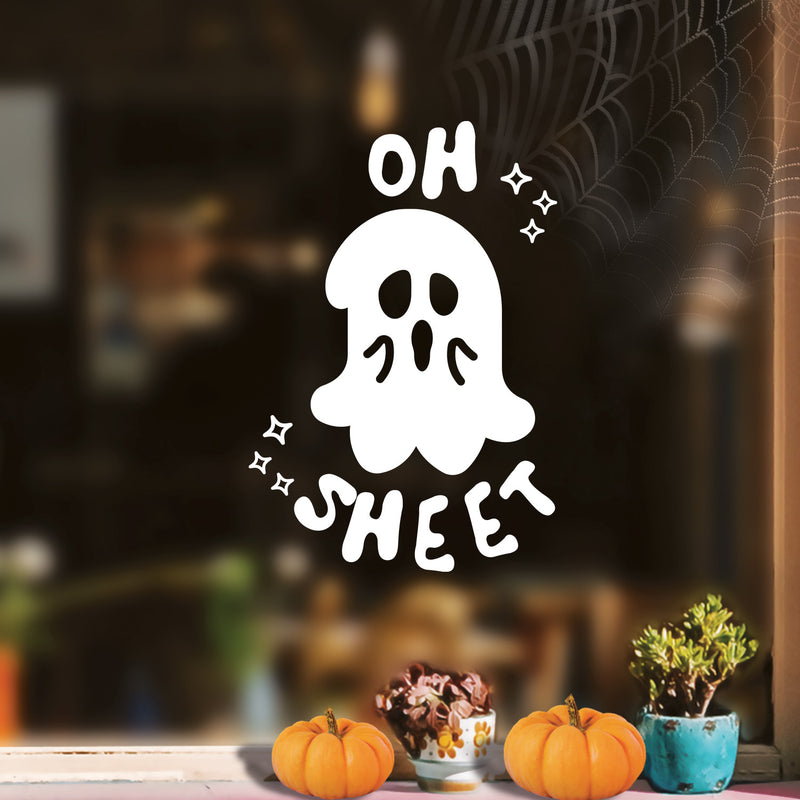 Vinyl Wall Art Decal - Oh Sheet - 16" x 11" - Ghost Design Seasonal Halloween Quote Sticker For Entryway Storefront Office Living Room Scary Spooky Decor 3