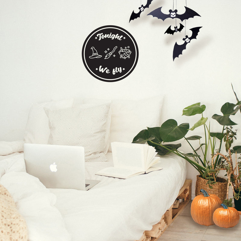 Vinyl Wall Art Decal - Tonight We Fly - Witch Pot Hat Broom Design Seasonal Halloween Quote Sticker For Entryway Storefront Office Living Room Scary Spooky Decor 2