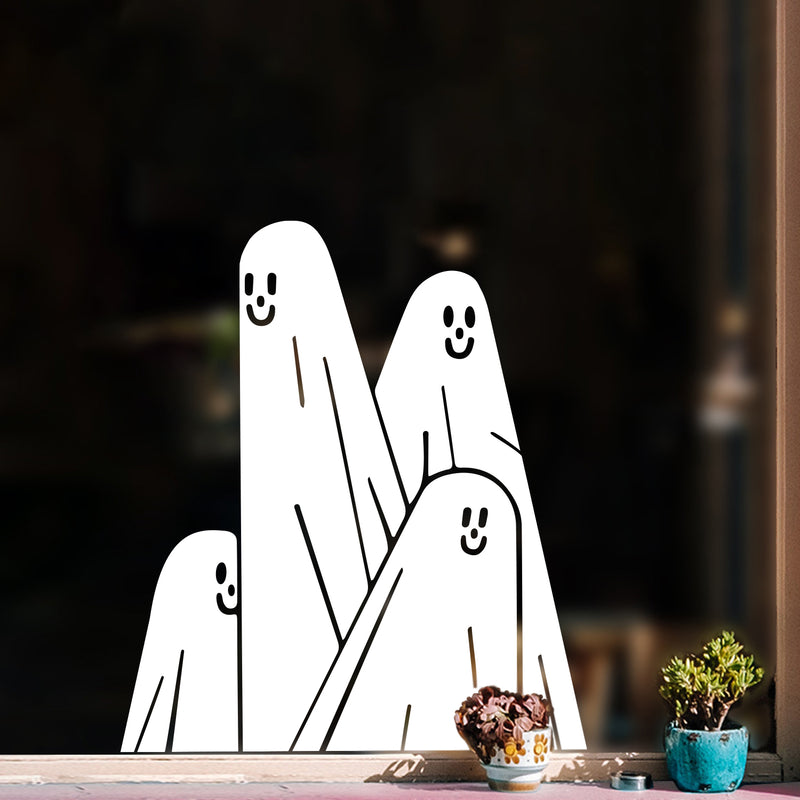 Vinyl Wall Art Decal - Happy Three Ghost - - Trendy Cute Fun Halloween Season Design Sticker For Home Family Room Windows Entry Doors Office Coffee Shop School Spooky Decor 1