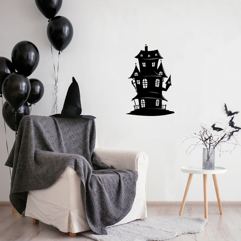 Vinyl Wall Art Decal - Haunted House - 25" x 17" - Spooky Mansion Design Seasonal Halloween Quote Sticker For Entryway Storefront Office Living Room Scary Spooky Decor 2