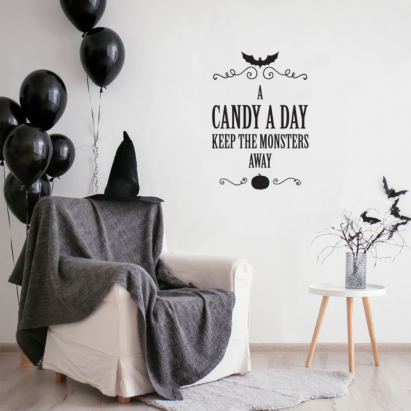 Vinyl Wall Art Decal - A Candy A Day Keeps The Monsters Away - 22" x 15" - Pumpkin Design Seasonal Halloween Quote Sticker For Entryway Storefront Office Living Room Scary Spooky Decor 2