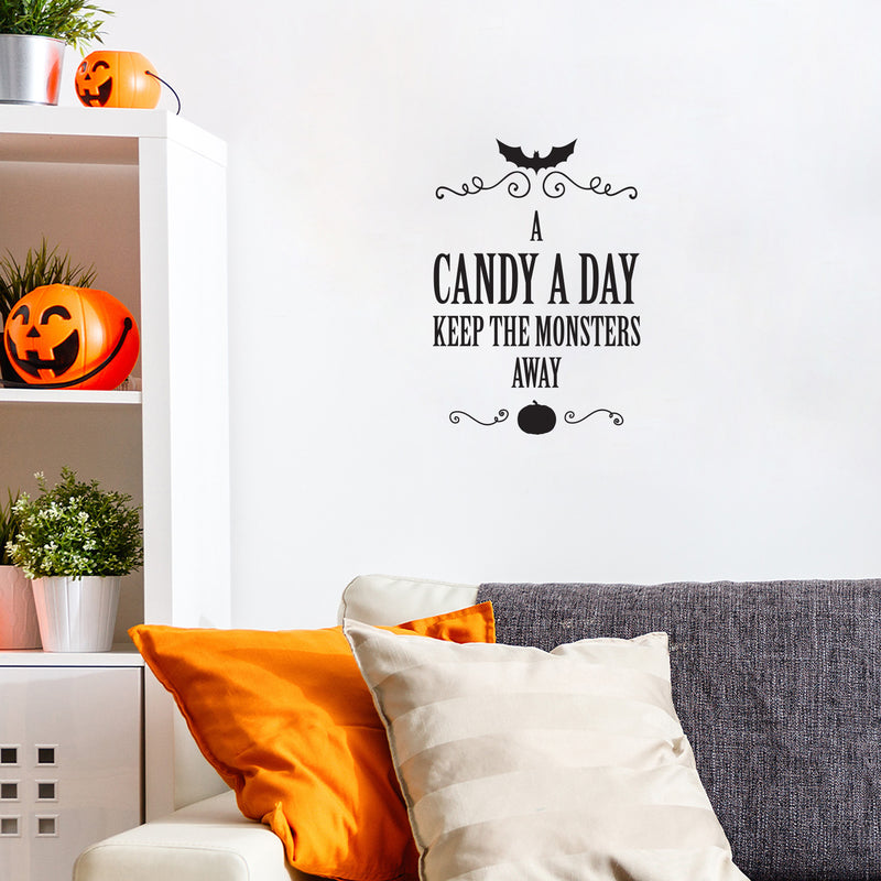 Vinyl Wall Art Decal - A Candy A Day Keeps The Monsters Away - Pumpkin Design Seasonal Halloween Quote Sticker For Entryway Storefront Office Living Room Scary Spooky Decor 3