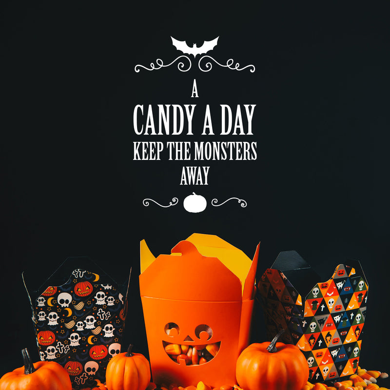 Vinyl Wall Art Decal - A Candy A Day Keeps The Monsters Away - 22" x 15" - Pumpkin Design Seasonal Halloween Quote Sticker For Entryway Storefront Office Living Room Scary Spooky Decor 2