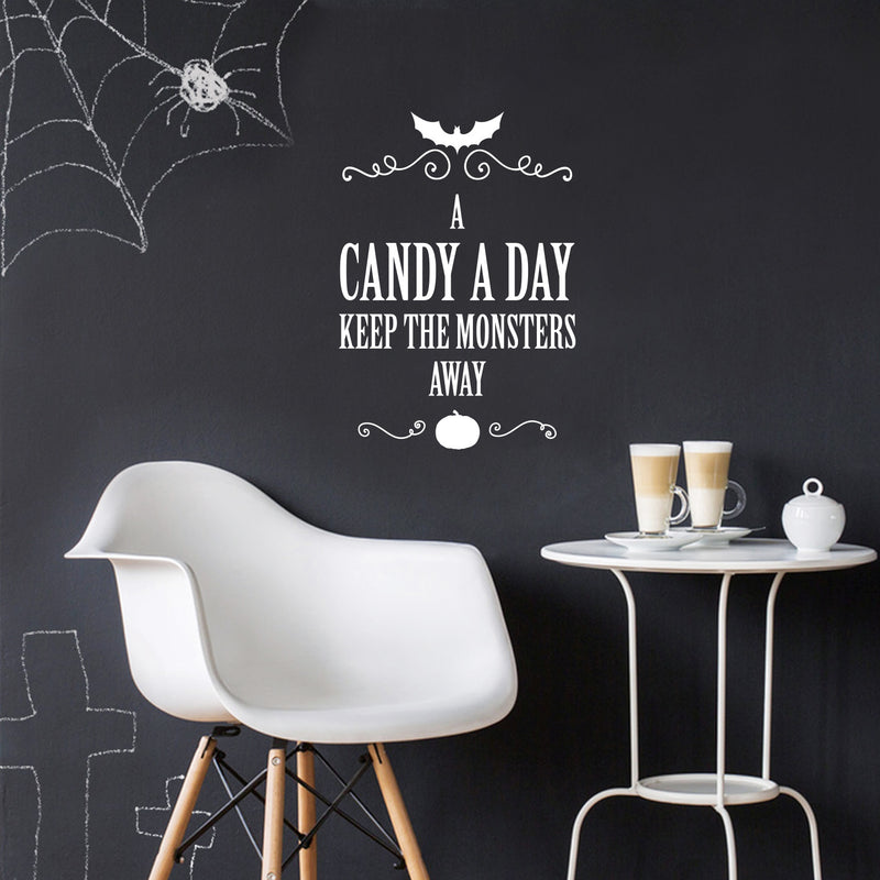 Vinyl Wall Art Decal - A Candy A Day Keeps The Monsters Away - 22" x 15" - Pumpkin Design Seasonal Halloween Quote Sticker For Entryway Storefront Office Living Room Scary Spooky Decor 3