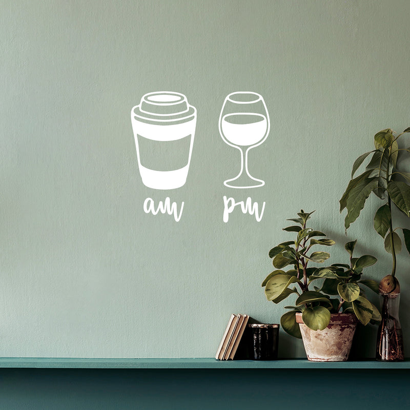 Vinyl Wall Art Decal - AM Coffee PM Wine - 15" x 16" - Trendy Funny Adult Design Sticker For Home Wine Cellar Kitchen Restaurant Bar Coffee Shop Liquor Storefront Coffee Shop Decor 2