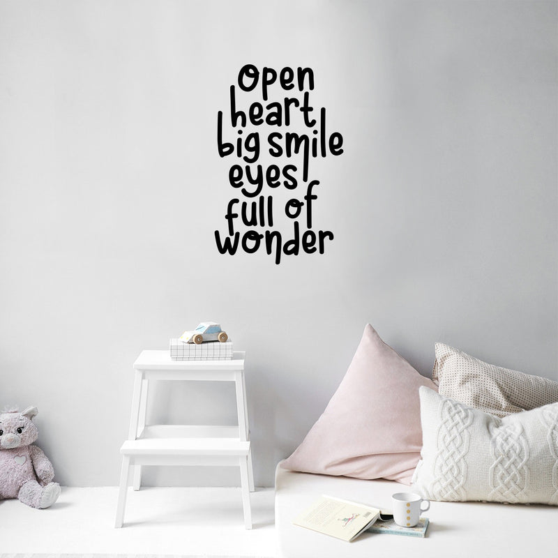 Vinyl Wall Art Decal - Open Heart Big Smile Eyes Of Full Of Wonder - 15. Modern Inspirational Lovely Quote Sticker For Home School Classroom Kids Room Bedroom Playroom Toddlers Decor 3