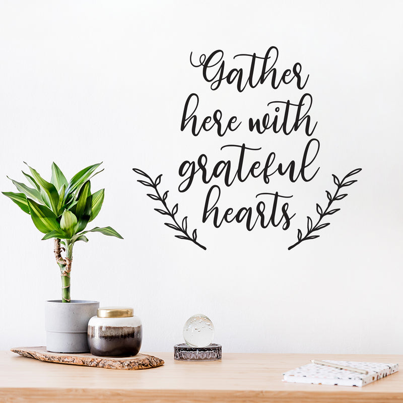 Vinyl Wall Art Decal - Gather Here With Grateful Hearts - 12.5" x 14" - Modern Lovely Thanksgiving Season Sticker For Home Family Room Kitchen Dining Room Coffee Shop Storefront Decor 2