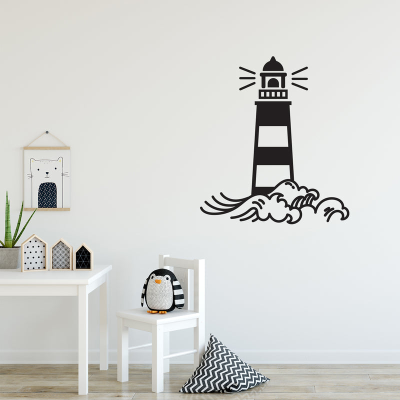 Vinyl Wall Art Decal - Lighthouse Waves - 18.5" X 16.5" - Light Shape Cute Modern Trendy Beacon Ocean Navy Design For Home Office Living Room Bedroom Store Decor 3