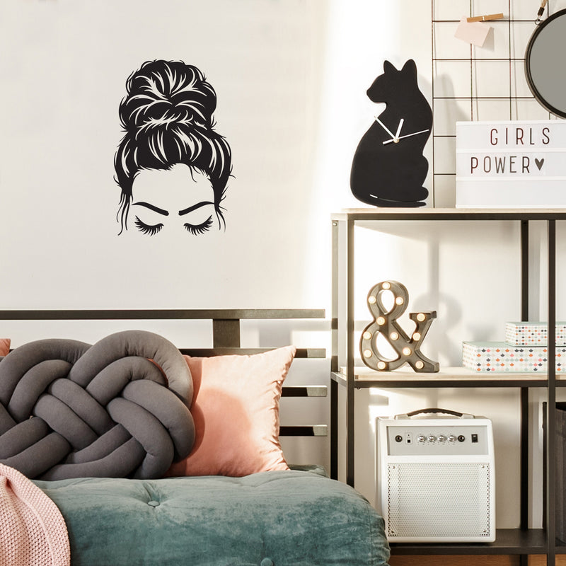 Vinyl Wall Art Decal - Woman Messy Bun  - 17" x 23" - Trendy Girl Face Shape Sticker Women Design For Home Bedroom Closet Beauty Hair Salon Store Decor 2