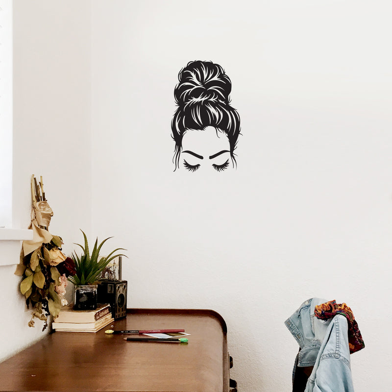 Vinyl Wall Art Decal - Woman Messy Bun  - 17" x 23" - Trendy Girl Face Shape Sticker Women Design For Home Bedroom Closet Beauty Hair Salon Store Decor 3