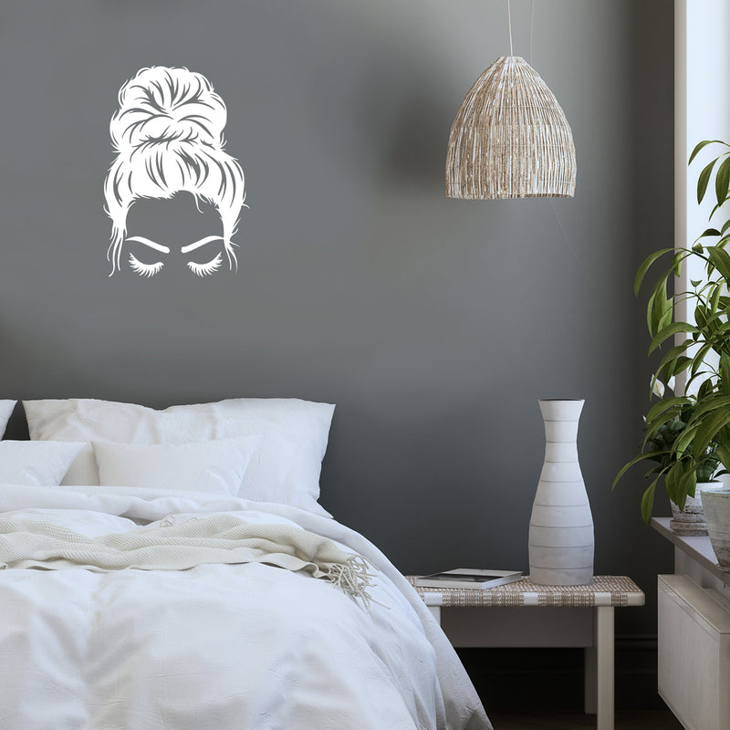 Vinyl Wall Art Decal - Woman Messy Bun  - 17" x 23" - Trendy Girl Face Shape Sticker Women Design For Home Bedroom Closet Beauty Hair Salon Store Decor 2