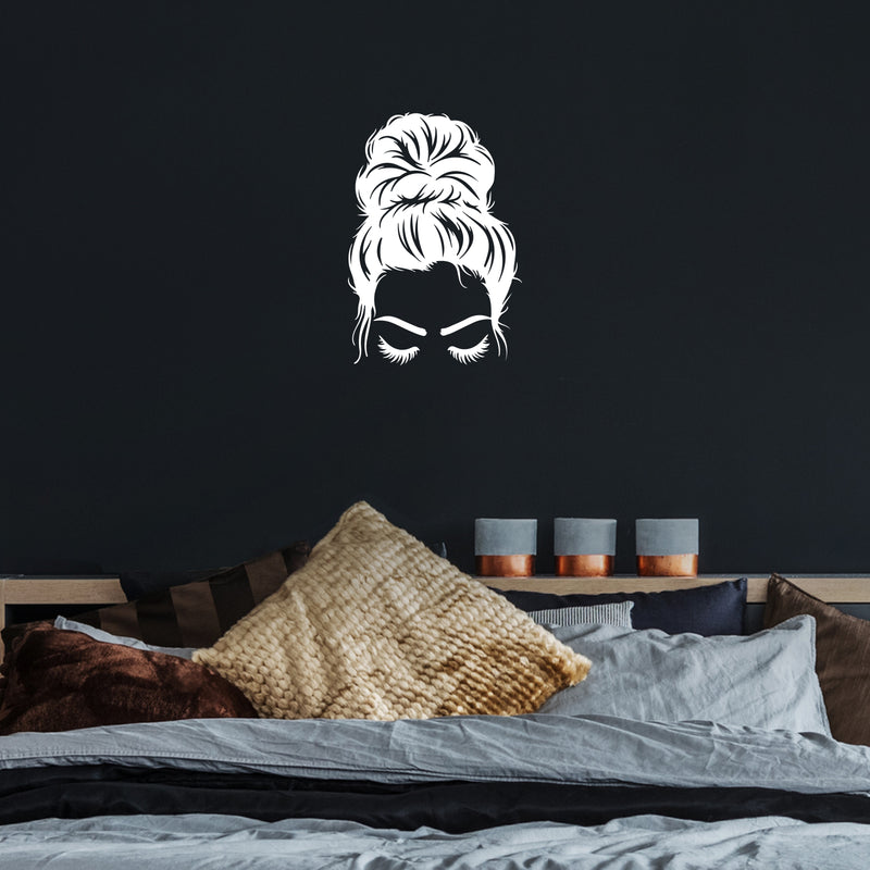 Vinyl Wall Art Decal - Woman Messy Bun  - 17" x 23" - Trendy Girl Face Shape Sticker Women Design For Home Bedroom Closet Beauty Hair Salon Store Decor 3