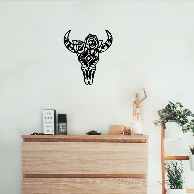 Vinyl Wall Art Decal - Cow Head Bone - Trendy Farm Animal Design For Home Office Living Room Kitchen Figures Country Style Flowers Shape Store Decor 2