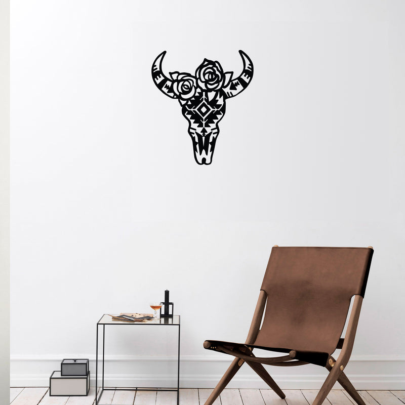 Vinyl Wall Art Decal - Cow Head Bone - Trendy Farm Animal Design For Home Office Living Room Kitchen Figures Country Style Flowers Shape Store Decor 3