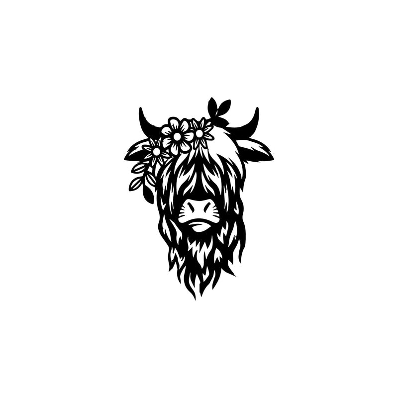 Vinyl Wall Art Decal - Highland Cow - Trendy Cute Farm Animal With Flowers Design For Home Office Living Room Kitchen Country Style Shape Store Decor 1
