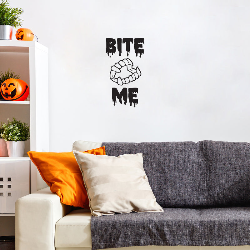 Vinyl Wall Art Decal - Bite Me - Trendy Lovely Funny Seasonal Fangs Design Sticker For Home Family Room Windows Entry Doors Office Coffee Shop School Spooky Decor 2