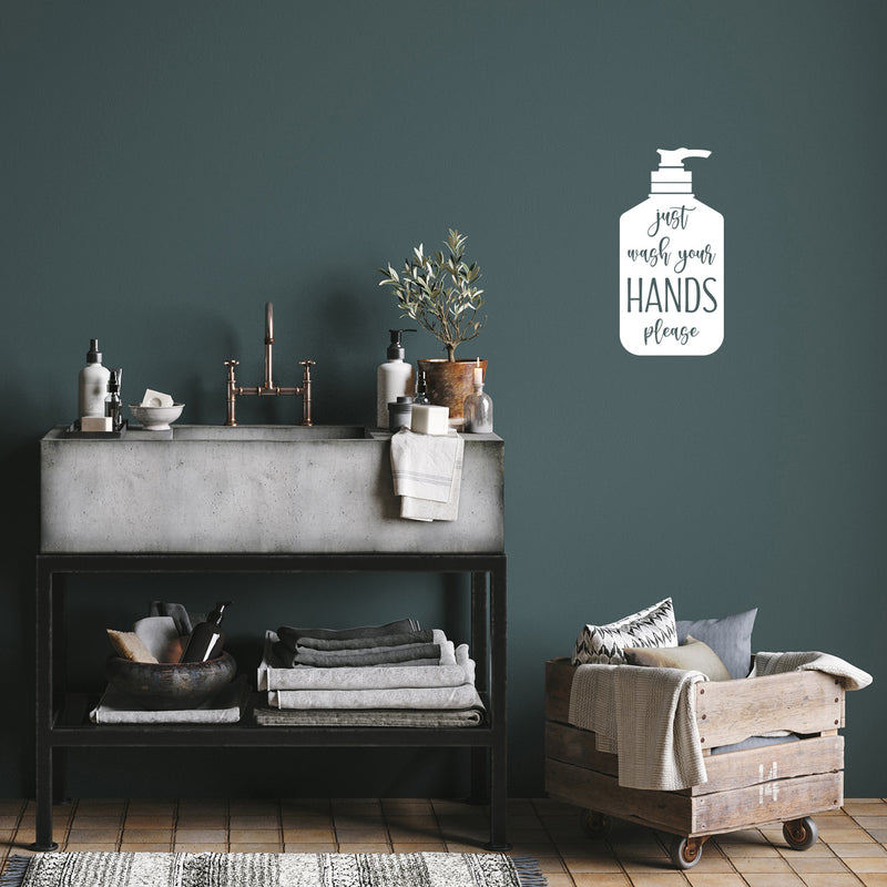 Vinyl Wall Art Decal - Just Wash Your Hands Please Silhouette - 10" x 20" - Hand Sanitizer Shape Motivational Quote Sticker For Home Bedroom Kitchen Restroom Bathroom Decor 2