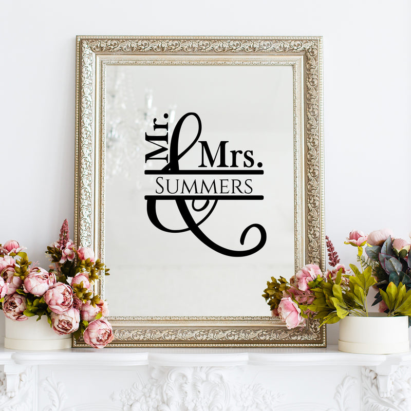 Vinyl Wall Art Decal - Custom Mr. and Mrs. Last Name - Modern Sweet Lovely Quote Sticker For Home Couples Bedroom Entry Door Windows Wedding Reception Banquet Hall Decor 2