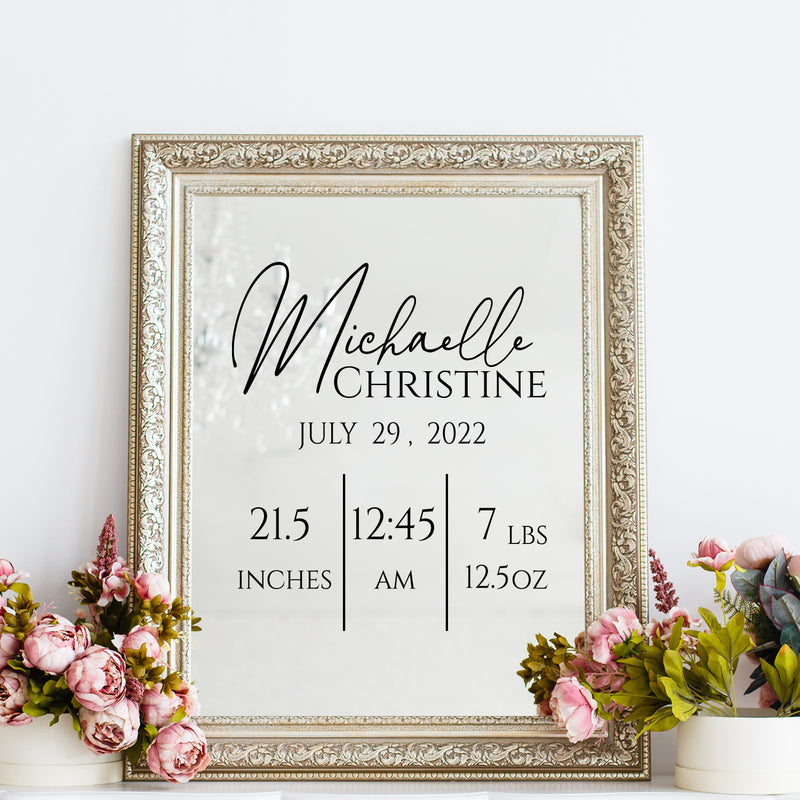 Vinyl Wall Art Decal - Custom New Born Baby Name - 20" x 18" - Modern Lovely Charming Baby's Presentation Names Date Inches Hour Weight Quote Sticker For Home Nursery Baby Room Decor 2