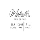 Vinyl Wall Art Decal - Custom New Born Baby Name - 20" x 18" - Modern Lovely Charming Baby's Presentation Names Date Inches Hour Weight Quote Sticker For Home Nursery Baby Room Decor 1