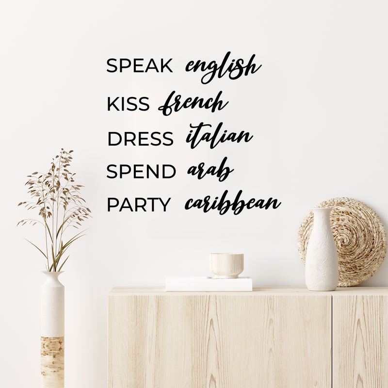 Vinyl Wall Art Decal - Speak English Kiss French Dress Italian - Trendy Inspirational Funny Girly Quote Sticker For Home Office Bedroom Closet Mirror Decor 2