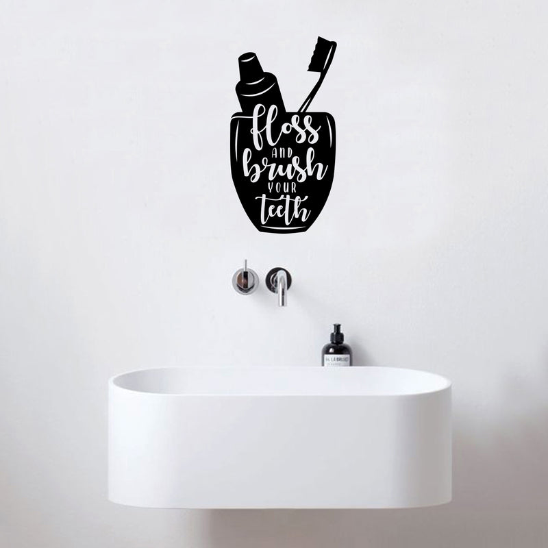 Vinyl Wall Art Decal - Floss And Brush Your Teeth - 8" x 16" - Silhouette Modern Bathroom Quote Sticker For Home Bedroom Dentist Office Kids Room Decor 3
