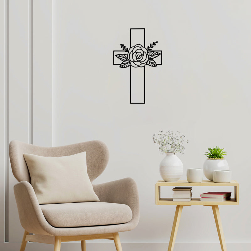 Vinyl Wall Art Decal - Cross Flowers - 17" x 11" - Modern Spiritual Christianity Religion Inspiring Design Sticker For Home Bedroom Living Room Family Room Coffee Shop Church Decor 2