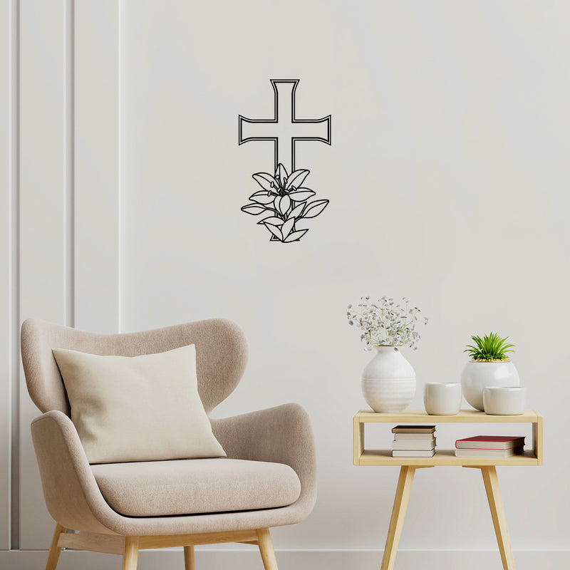 Vinyl Wall Art Decal - Cross Flower - Modern Spiritual Christianity Religion Inspiring Design Sticker For Home Bedroom Living Room Family Room Coffee Shop Church Decor 2