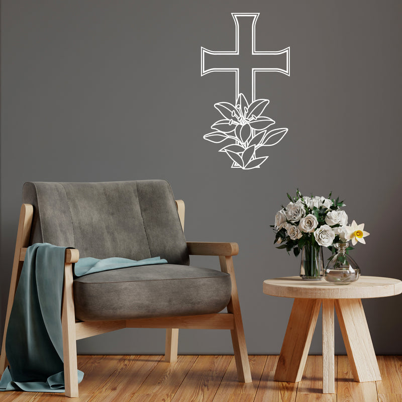 Vinyl Wall Art Decal - Cross Flower - 30" x 17" - Modern Spiritual Christianity Religion Inspiring Design Sticker For Home Bedroom Living Room Family Room Coffee Shop Church Decor 2