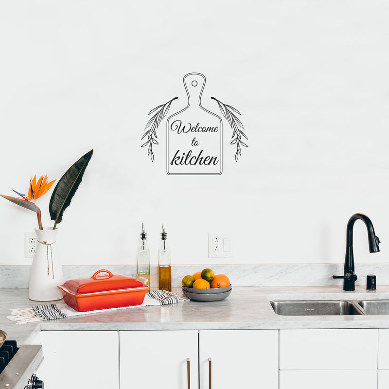 Vinyl Wall Art Decal - Welcome To Kitchen - 16.5" x 17.5" - Modern Inspirational Cutting Board Leaf Shape Sticker For Home Bedroom Family Room Dining Room Restaurant Decor 2