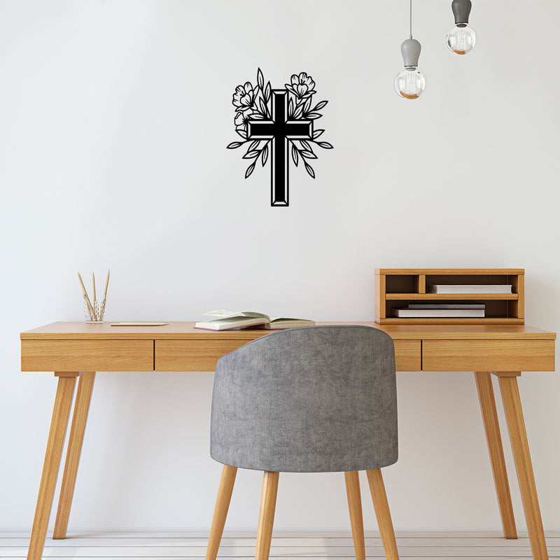 Vinyl Wall Art Decal - Cross With Flowers - 22" x 17" - Modern Inspirational Spiritual Figure Sticker For Home Office Church Living Room Bedroom Decor 2