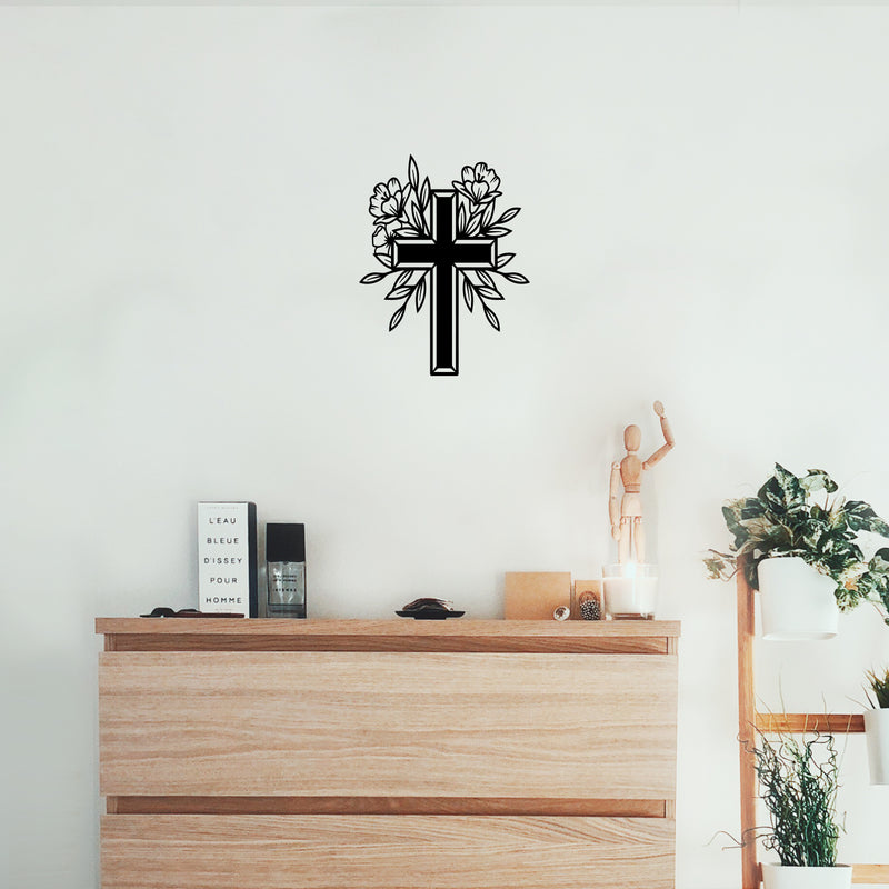 Vinyl Wall Art Decal - Cross With Flowers - 22" x 17" - Modern Inspirational Spiritual Figure Sticker For Home Office Church Living Room Bedroom Decor 3