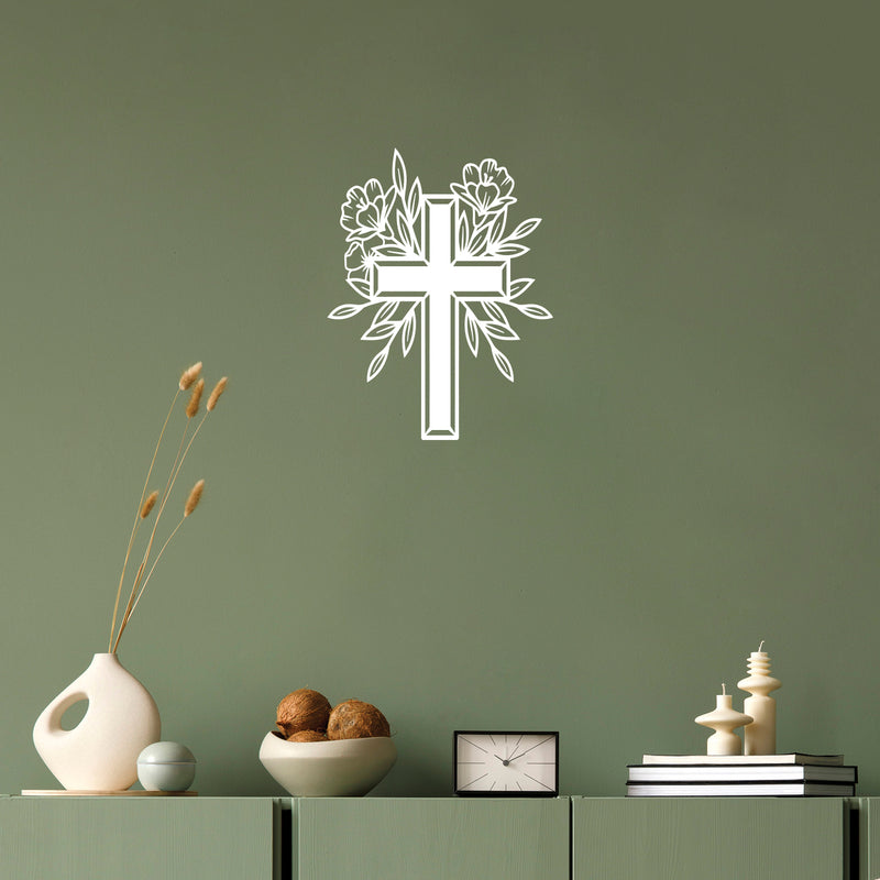 Vinyl Wall Art Decal - Cross With Flowers - 22" x 17" - Modern Inspirational Spiritual Figure Sticker For Home Office Church Living Room Bedroom Decor 3