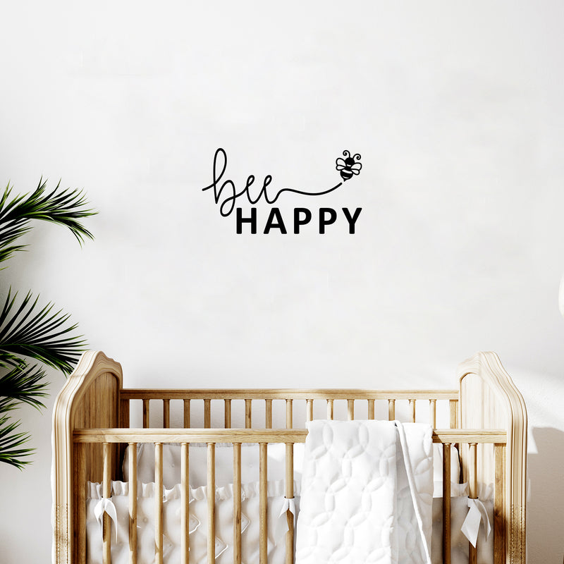 Vinyl Wall Art Decal - Bee Happy - 28" x 15" - Be Happy Little Bee Shape Modern Cute Inspirational Quote Sticker For Home Office Bedroom Kids room School Decor 2