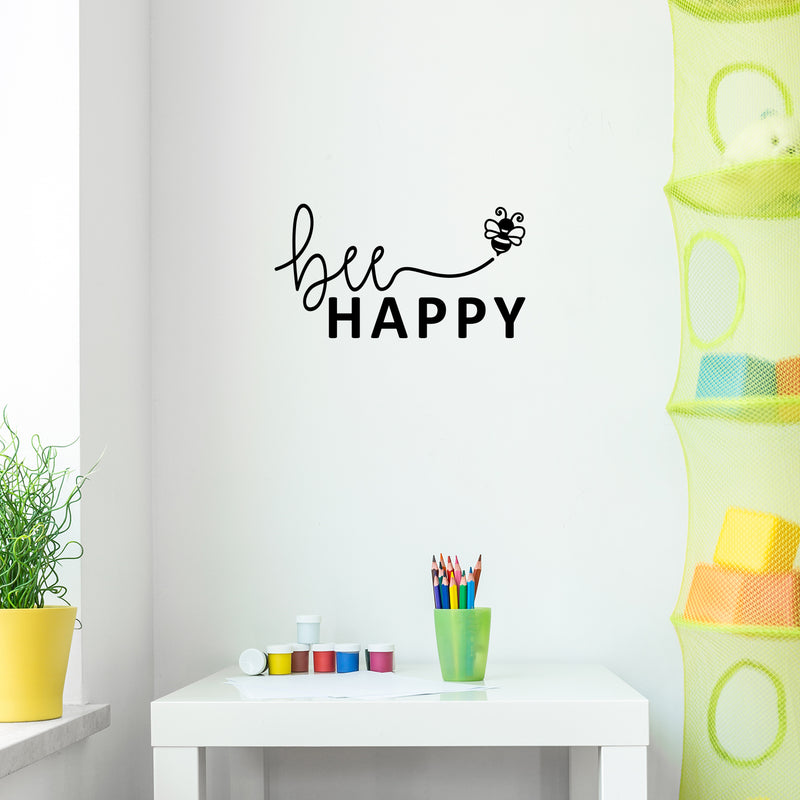 Vinyl Wall Art Decal - Bee Happy - 28" x 15" - Be Happy Little Bee Shape Modern Cute Inspirational Quote Sticker For Home Office Bedroom Kids room School Decor 3