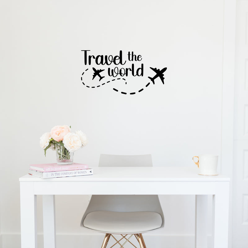 Vinyl Wall Art Decal - Travel The World - Inspirational Good Vibes Quote Airplane Design Sticker For Travel Lovers Home Office Bedroom Living Room Decor 2