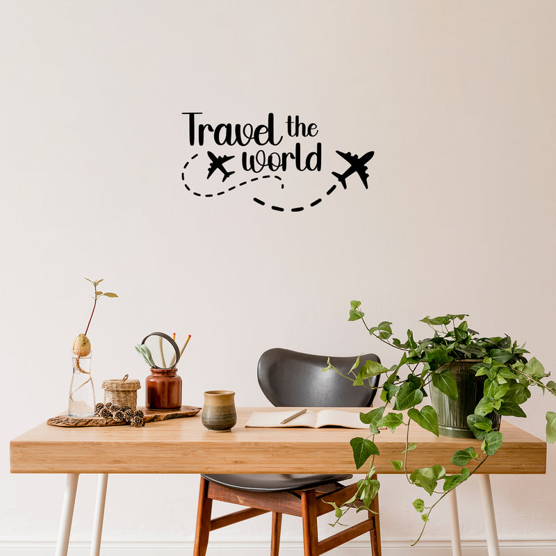 Vinyl Wall Art Decal - Travel The World - Inspirational Good Vibes Quote Airplane Design Sticker For Travel Lovers Home Office Bedroom Living Room Decor 3