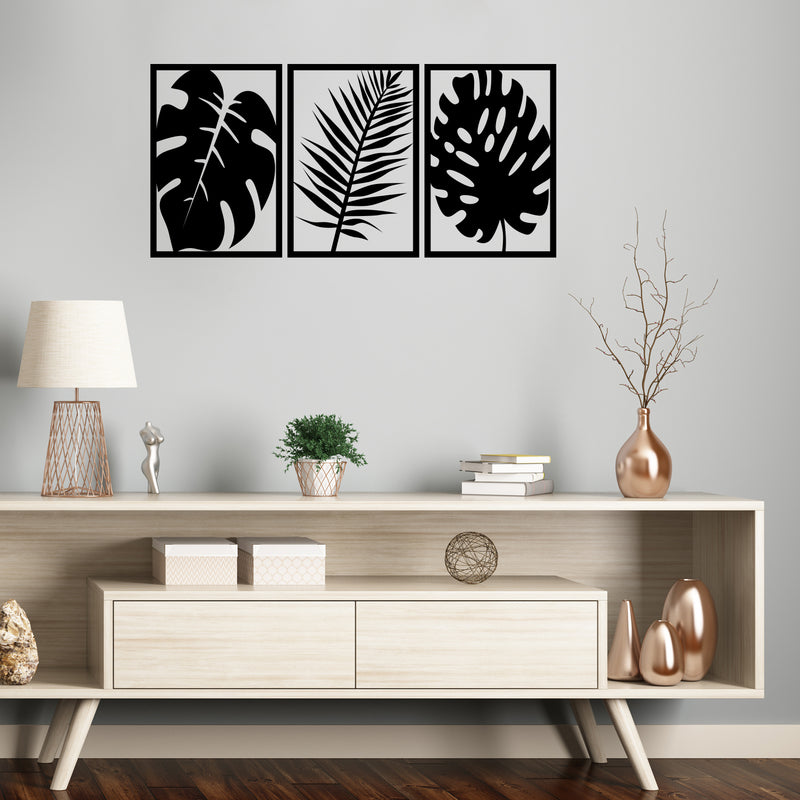 Set Of 3 Vinyl Wall Art Decal - Silhouette Leaves - Each - Trendy Inspirational Plant Design Sticker For Home Office Bedroom Living Room Indoor Garden Patio Decor 3