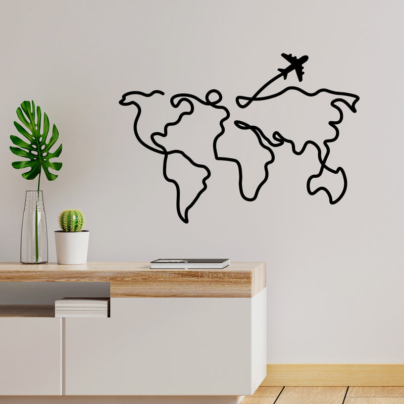 Vinyl Wall Art Decal - World Plane - Modern Inspirational Map Airplane Design Sticker For Travel Lovers Home Office Bedroom Living Room Decor 3