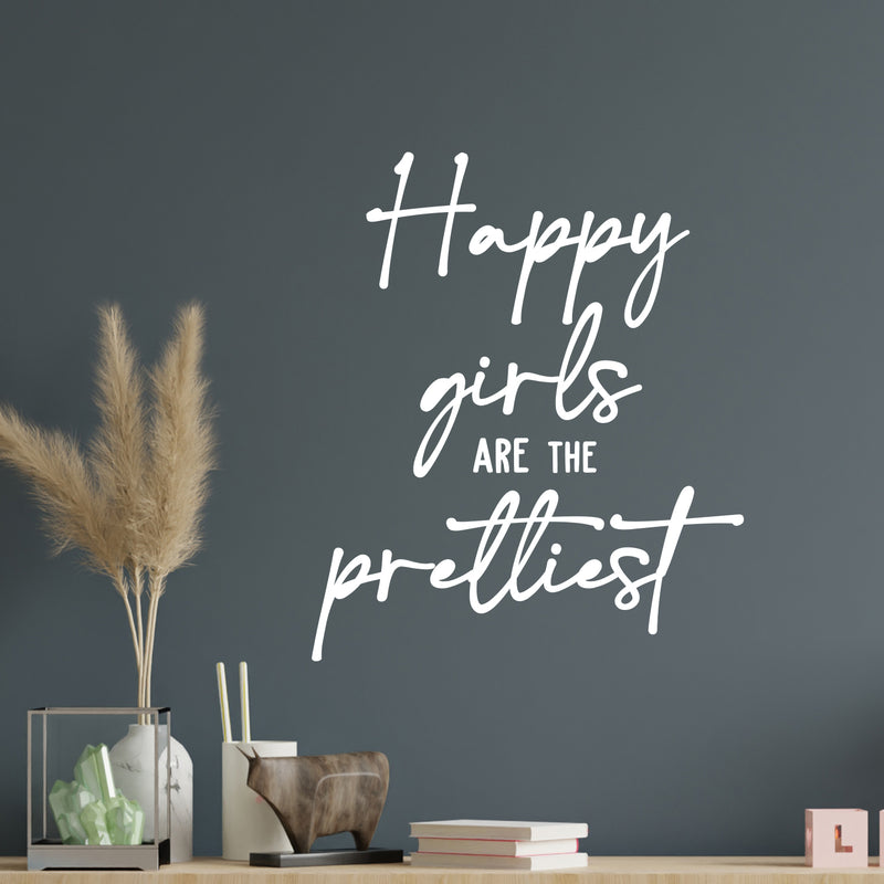 Vinyl Wall Art Decal - Happy Girls Are The Prettiest - 14" x 12" - Trendy Feminine Quote Sticker For Girls Home Office Bedroom Boutique Beauty Spa Saloon Decor 3