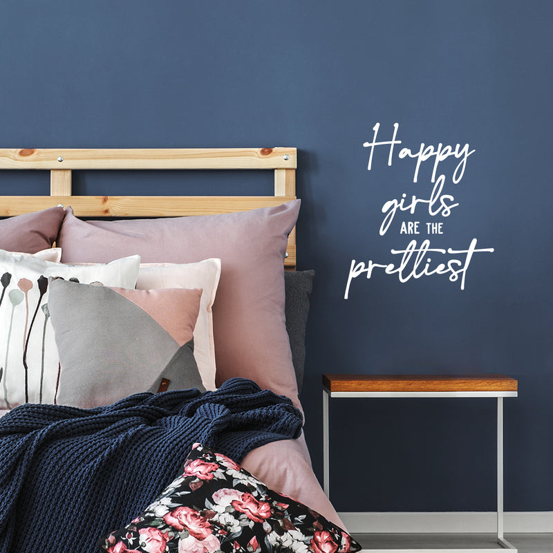 Vinyl Wall Art Decal - Happy Girls Are The Prettiest - 14" x 12" - Trendy Feminine Quote Sticker For Girls Home Office Bedroom Boutique Beauty Spa Saloon Decor 2