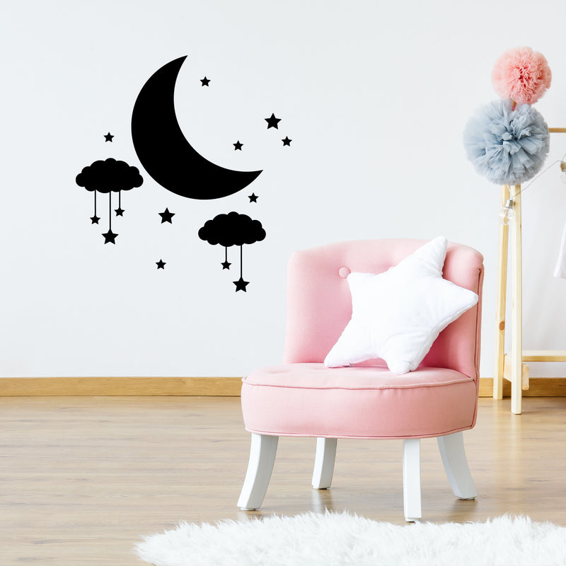 Vinyl Wall Art Decal - Stars And Moon - 19. Trendy Inspirational Cute Night Design Sticker For Children Bedroom Home Baby Nursery Daycare Stars Kids Room Decor 3