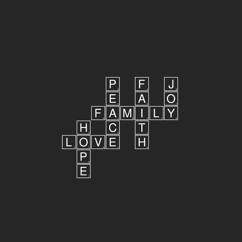Vinyl Wall Art Decal - Family Love Joy Crossword - 35.5" x 30.5" - Trendy Cute Inspirational Quote Sticker For Family Home Office Couple Bedroom Living Room Entryway Decor 1