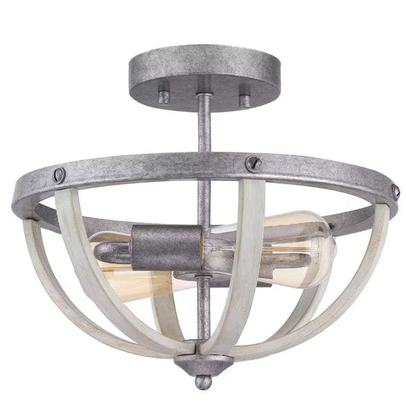 Keowee 13 in. 2-Light Galvanized Farmhouse Semi-Flush Mount with Antique White Wood Accents for Kitchens - 1005910632