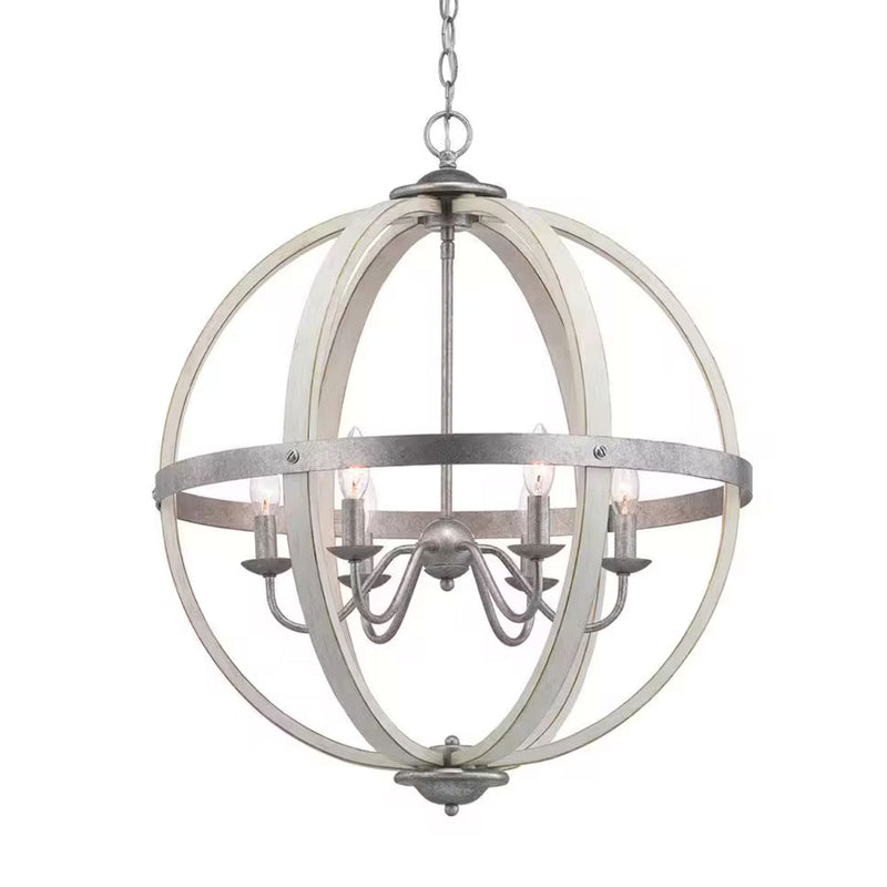 Keowee 24 in. 6-Light Galvanized Farmhouse Orb Chandelier with Antique White Wood Accents - 1005910695