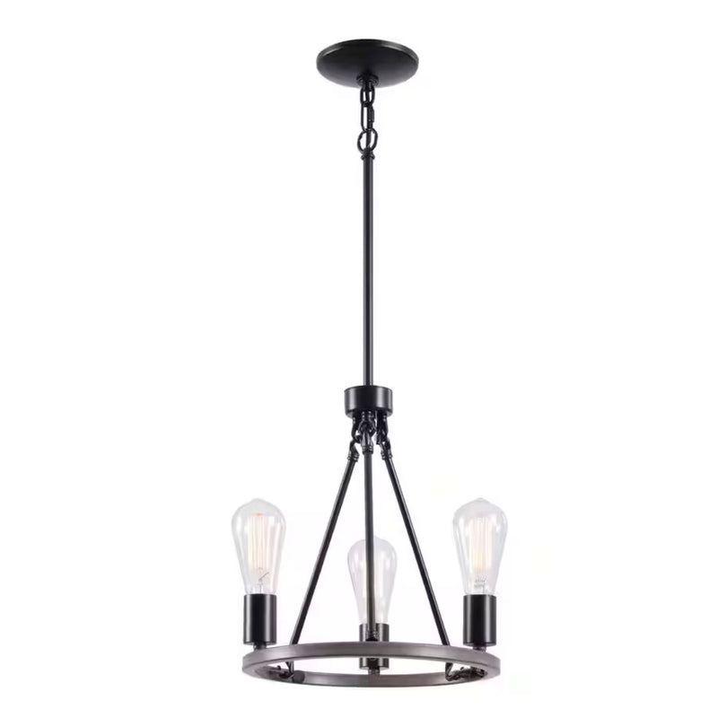Stratton 3-Light Black and Woodgrain Wagon Wheel, Industrial Farmhouse Dining Room Chandelier with Bulbs Included - 1006314490