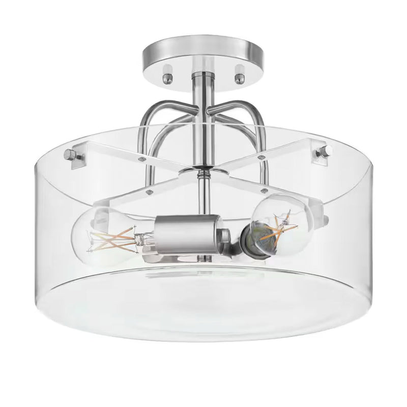 Shirwell 13.5 in. 3-Light Chrome Round Semi-Flush Mount, Modern Ceiling Light with Clear Glass Drum Shade - 1006323928
