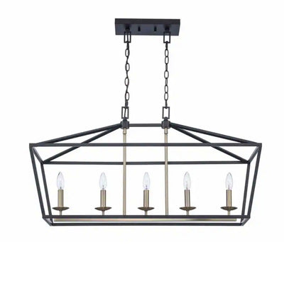 Weyburn 36 in. 5-Light Black and Gold Farmhouse Linear Chandelier Light Fixture with Caged Metal Shade - 1006324077