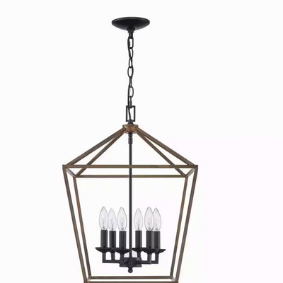 Weyburn 6-Light Black and Faux Wood Farmhouse Chandelier Light Fixture with Caged Metal Shade - 1006324084