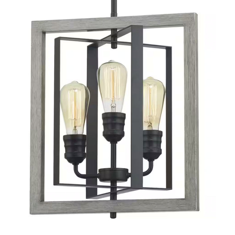 Palermo Grove 3-Light Graphite Rectangular Pendant Hanging Light with Oak Accents, Rustic Farmhouse Kitchen Lighting - 1006325846
